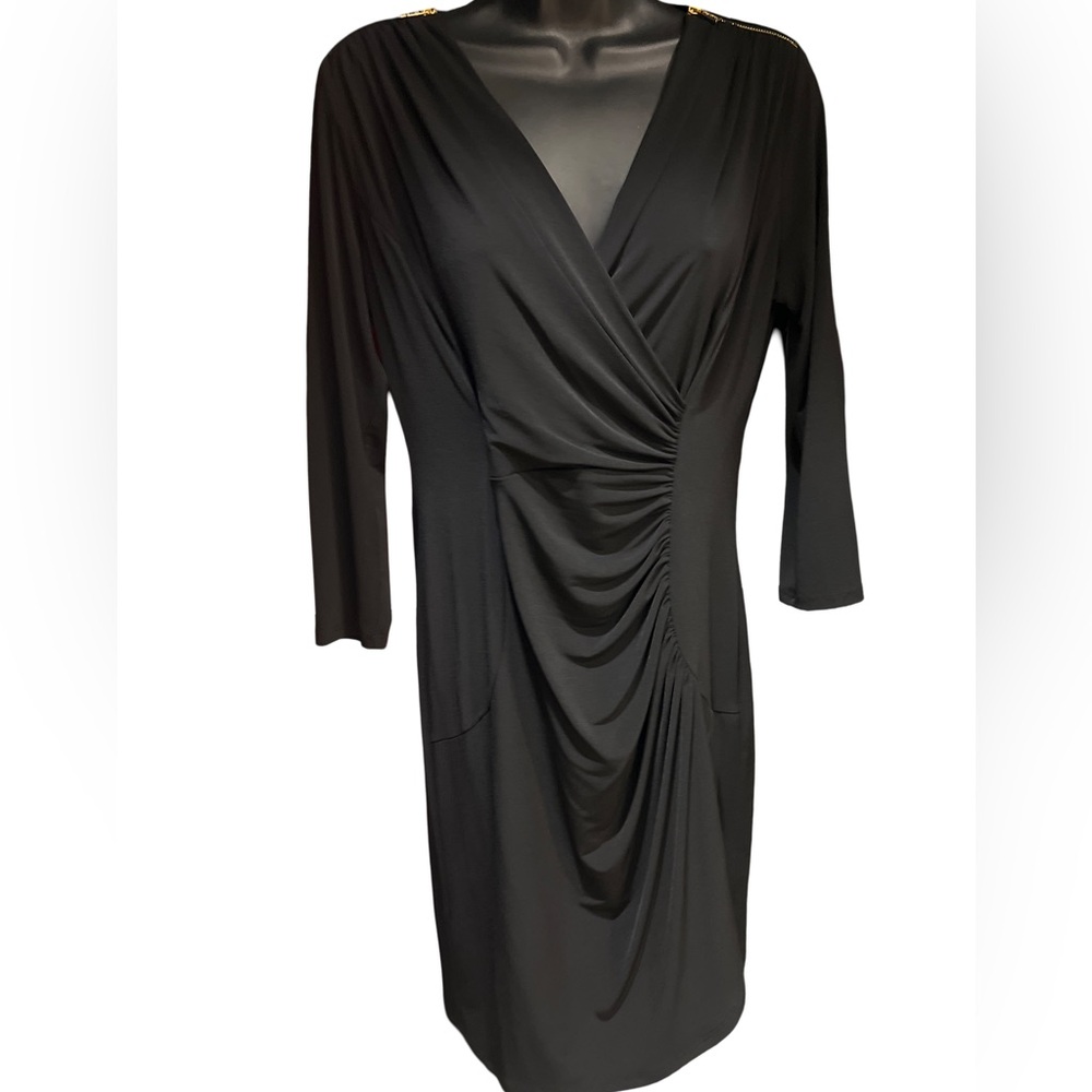 Calvin Klein Elegant Black Ruched Long Sleeve Dress with Gold Zipper Accents
